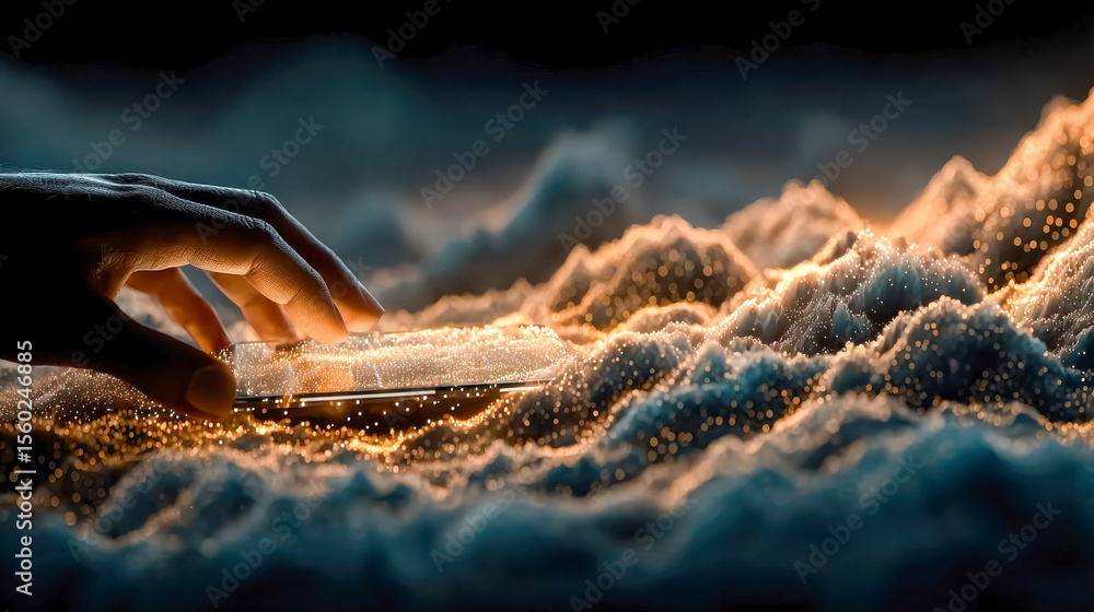 Poster a hand interacting with a smartphone, surrounded by glowing digital particles forming a network, sym