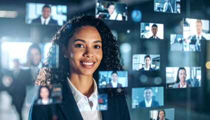 Diverse professional woman with virtual team portraits floating behind her