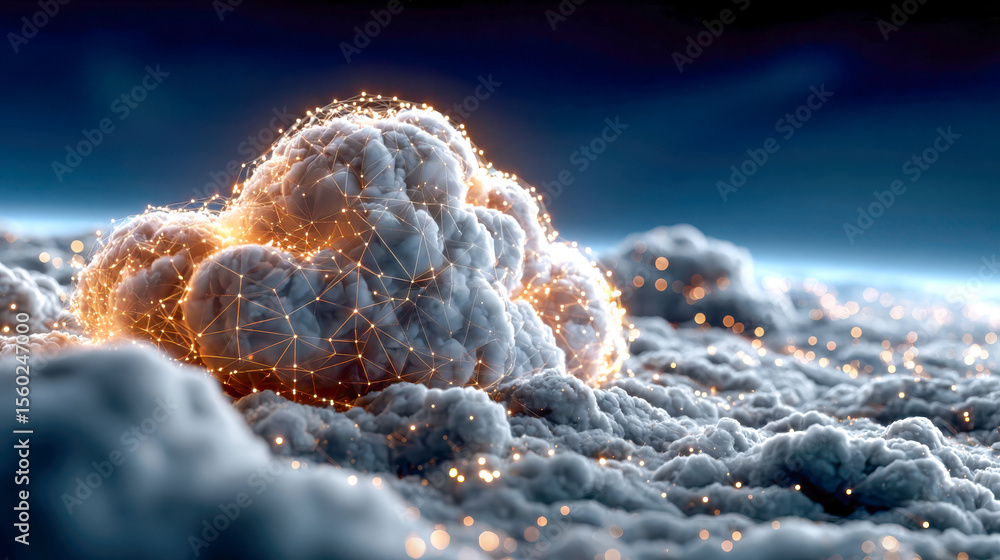 Poster futuristic digital cloud with glowing interconnected nodes, representing cloud computing, data stora