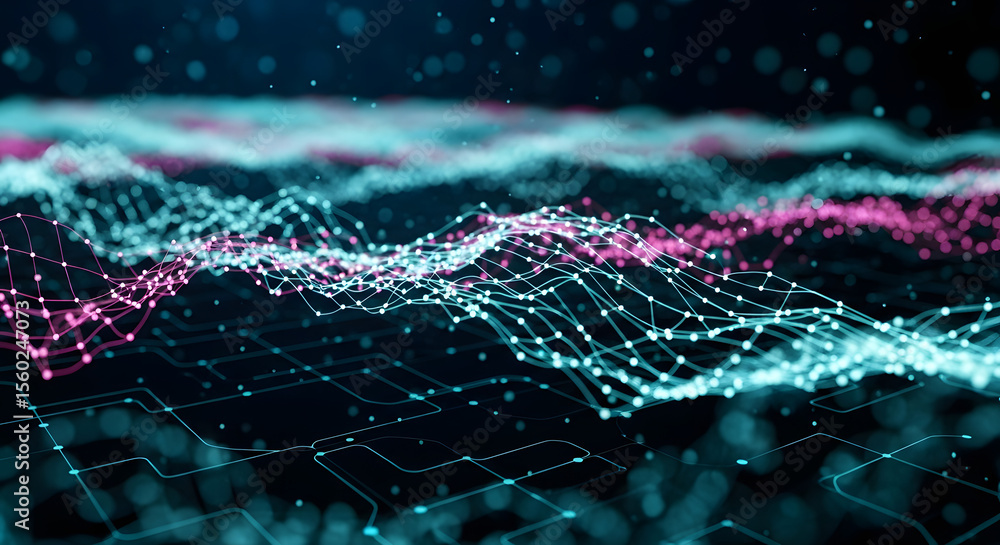 Poster abstract digital landscape with interconnected dots and lines, featuring a dynamic network of pink a