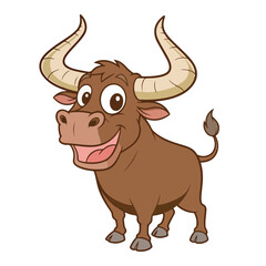 Happy Cartoon Bull Illustration Brown Bull with Large Horns