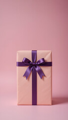 A Beautifully Wrapped Present Tied With a Vibrant Purple Ribbon and a Bow on a Soft Pink Background Perfect for Any Occasion