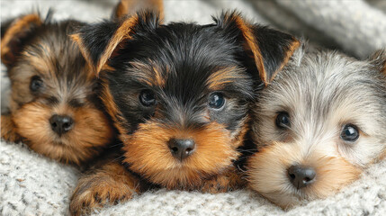 Three adorable Yorkshire Terrier puppies closely cuddled together on a soft, knitted blanket, looking curiously at the camera