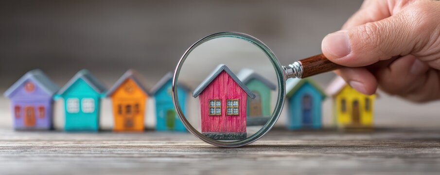 Hand Holding Magnifying Glass Over Small Colorful House Models on Wooden Surface, Exploring Housing Market and Real Estate Options