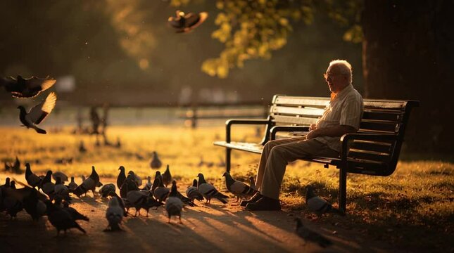 A peaceful scene of a kind elderly man sitting on a park bench and feeding birds during a warm golden hour.