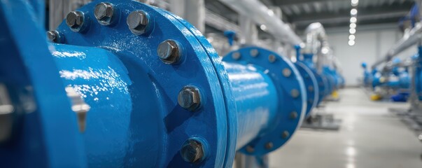 Industrial Pipes and Valves in a Modern Facility Showcasing Blue Coated Steel Components with a Focus on Engineering and Infrastructure Design
