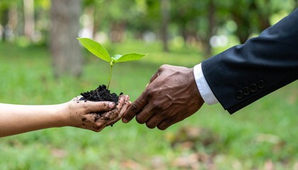 Two hands tenderly exchanging a seedling, symbolizing growth, nurturing, and a commitment to a sustainable future.