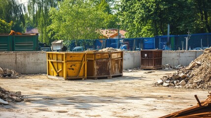 Construction site waste management area with designated containers for wood, metal and concrete