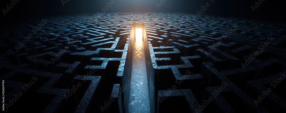 Poster intriguing labyrinth with illuminated pathway unraveling the mysteries of direction and choices in a