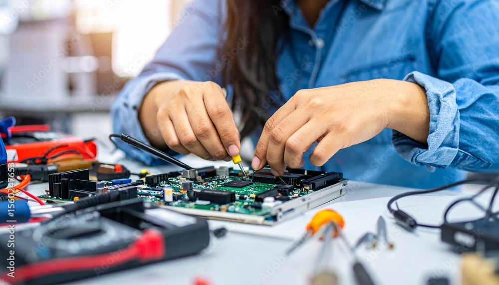 Poster a woman is meticulously working on a circuit board with various tools around her. the scene highligh