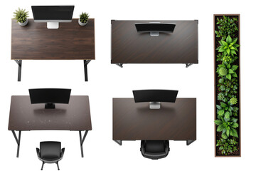Top-down isolated views of brown modern office desks and rectangular planters with green foliage, transparent background, ideal for floor plans, interior collages, and workspace visualizations.