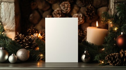 a mockup of a blank invitation template , standing on a mantelpiece. Surround the scene with Christmas decorations