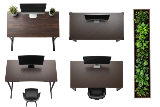Top-down isolated views of brown modern office desks and rectangular planters with green foliage, transparent background, ideal for floor plans, interior collages, and workspace visualizations.