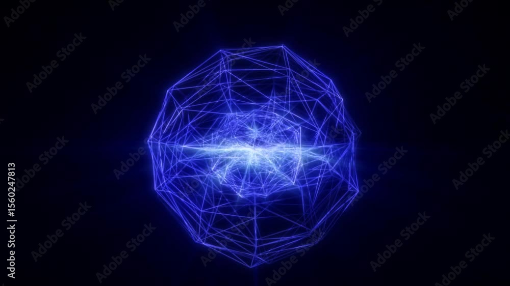 Poster glowing abstract geometric sphere with blue neon lines and bright interconnected network on dark bac