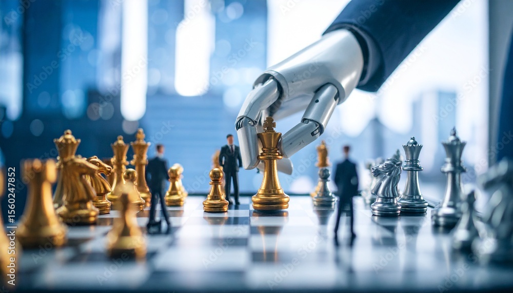 Poster robot hand playing chess and planning strategy in a high-tech office setting. the scene showcases th