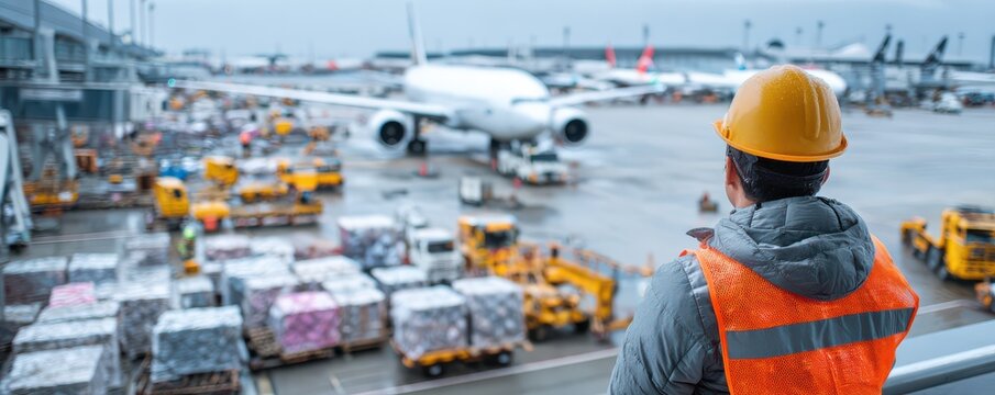 Construction worker in safety gear observing airplane operations at busy airport with cargo and vehicles during overcast weather