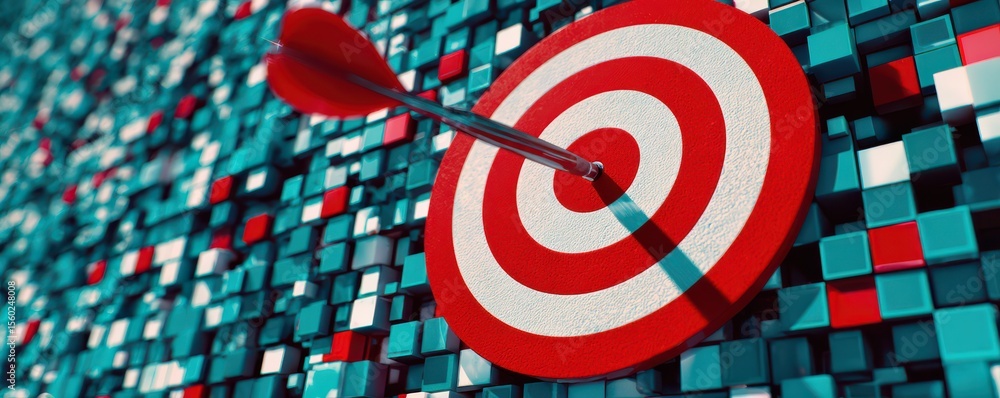 Poster dart arrow hitting center of red and white target on 3d colorful background representing success, ac