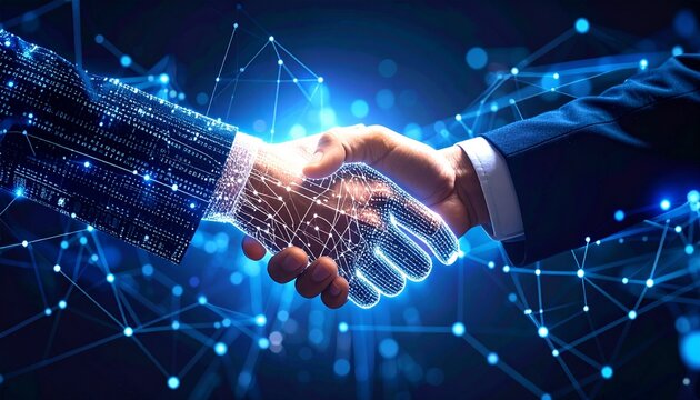 Digital handshake merging technology and business. A creative illustration symbolizing partnership and collaboration.