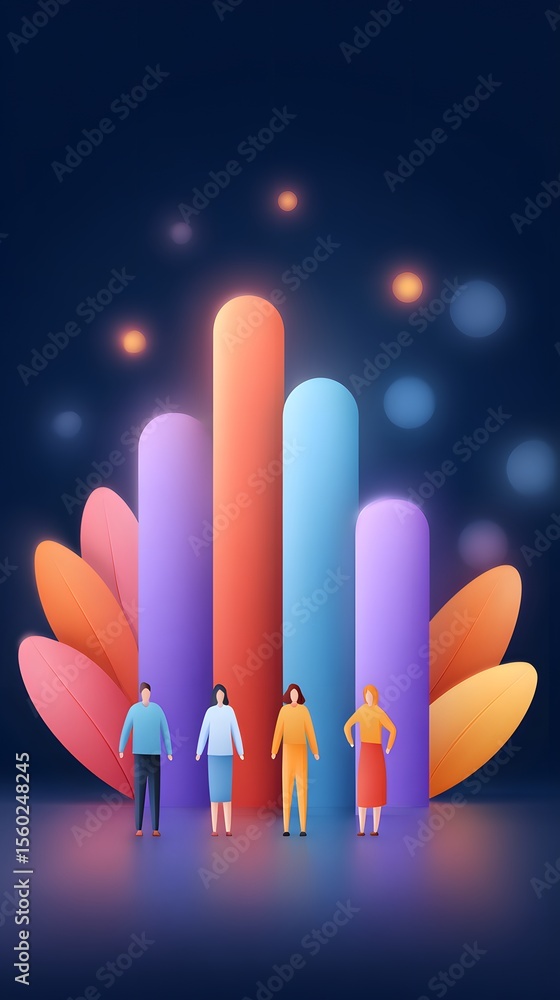 Aufkleber four stylized people stand in front of colorful vertical bars with abstract leaves and glowing orbs 