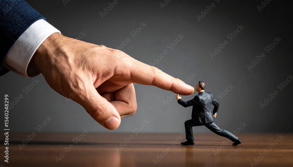 Poster a person being targeted or scrutinized by a larger hand. the scene suggests the power dynamic and pr
