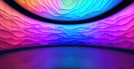 Authentic concave LED display for a wall or platform. Large TV display depicted colorful in dark room, Large projection screens. 