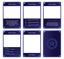 complete game card template with ancient wizard spell theme and dark blue color combination, for game ui, trading card game, and player collection card purposes. available with 10 eps files