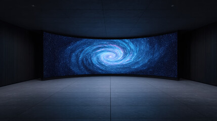 Authentic concave LED display for a wall or platform. Large TV display depicted galaxy in dark room, Large projection screens.