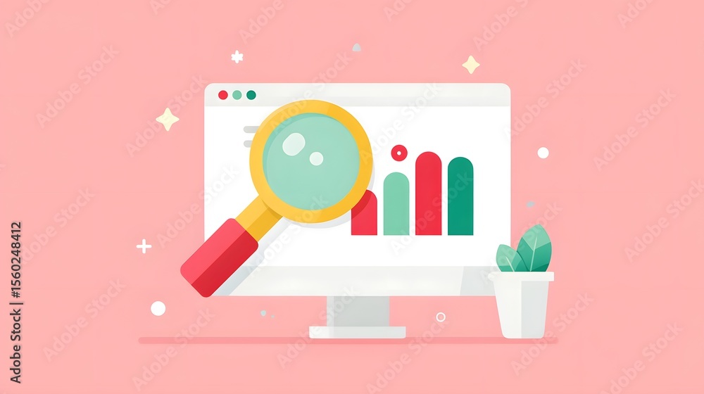Poster a colorful digital illustration showing a magnifying glass examining a bar chart on a computer scree