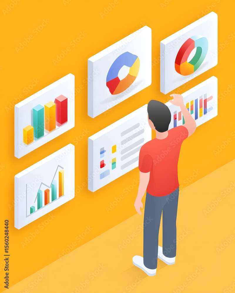 Aufkleber a man in a red shirt analyzes colorful 3d charts and graphs displayed on a yellow wall, symbolizing 