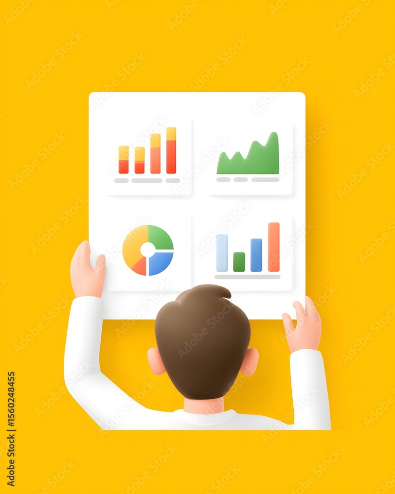 Aufkleber a person analyzes four colorful data charts, including bar graphs, a pie chart, and a line graph, sy