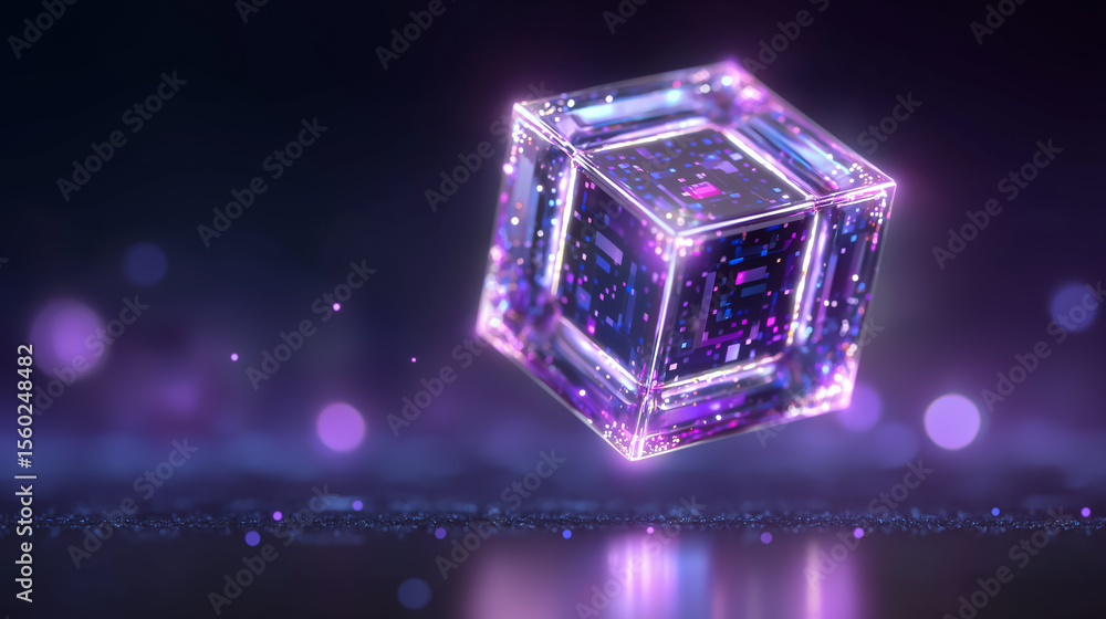 Poster floating digital cube rotates in abstract cosmic space with glowing edges. clean grid shadow enhance