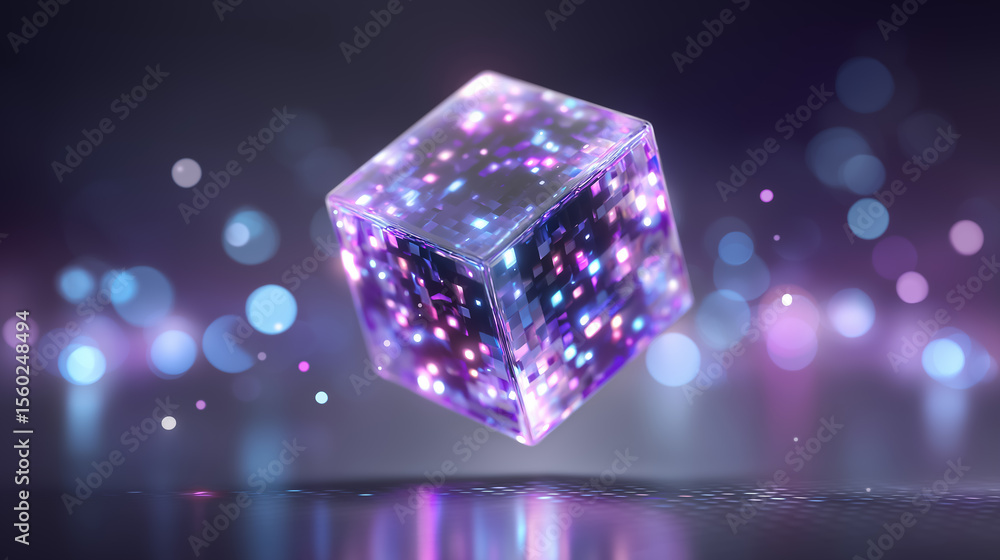 Poster digital cube rotates gracefully in cosmic space with glowing edges against a soft abstract backgroun
