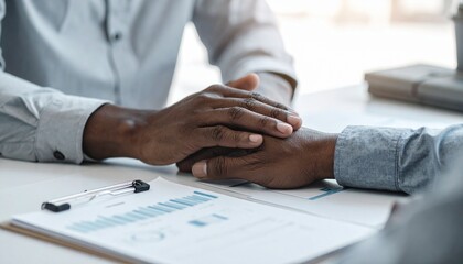 Obraz premium Two pairs of hands, one atop the other in a gesture of comfort and support, resting on a table with documents