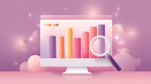 A colorful bar chart displayed on a computer screen with a magnifying glass highlighting data, set against a soft purple background with sparkles.
