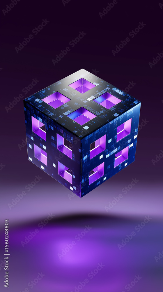 Poster digital cube rotates in space with glowing edges against a soft abstract tech background. concept of
