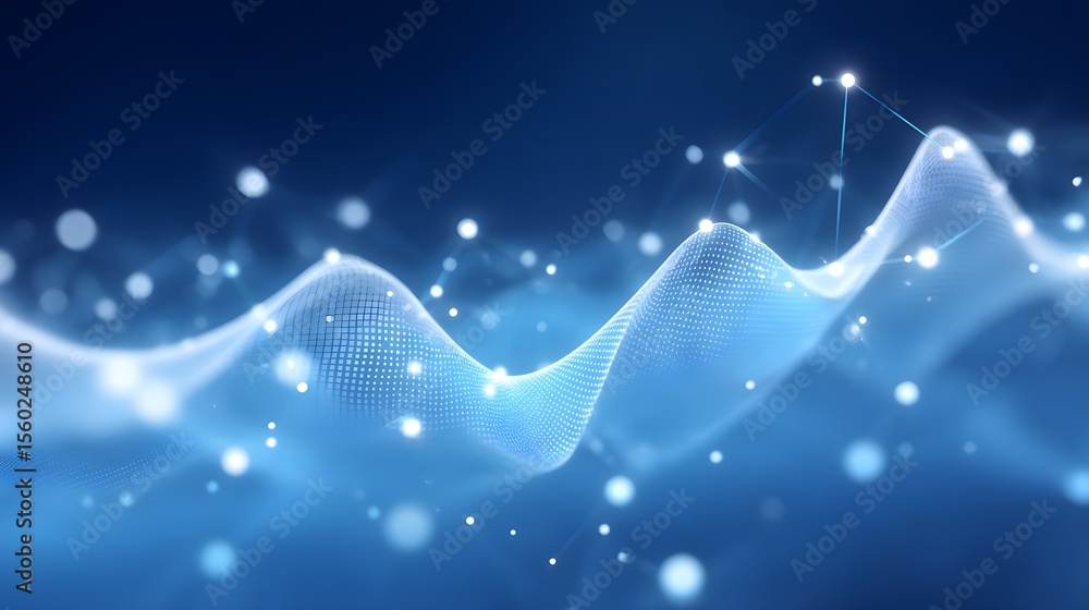 Poster a glowing blue wave of digital particles and interconnected nodes forms a flowing, futuristic networ