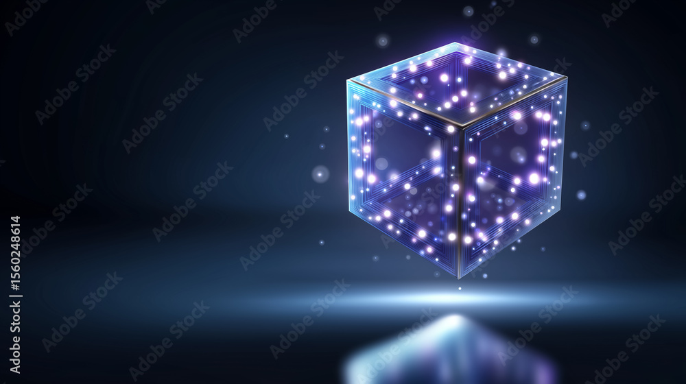 Poster floating digital cube rotates in space with glowing edges, symbolizing modern technology. soft abstr