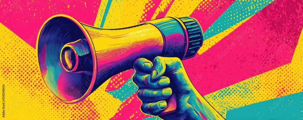 Poster vibrant pop art style hand holding megaphone with colorful background and bold lines expressing comm