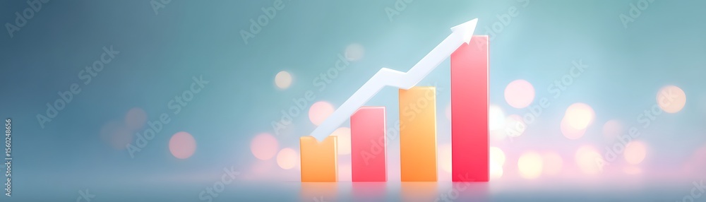 Poster a colorful 3d bar chart with four ascending bars and an upward white arrow symbolizing growth and su