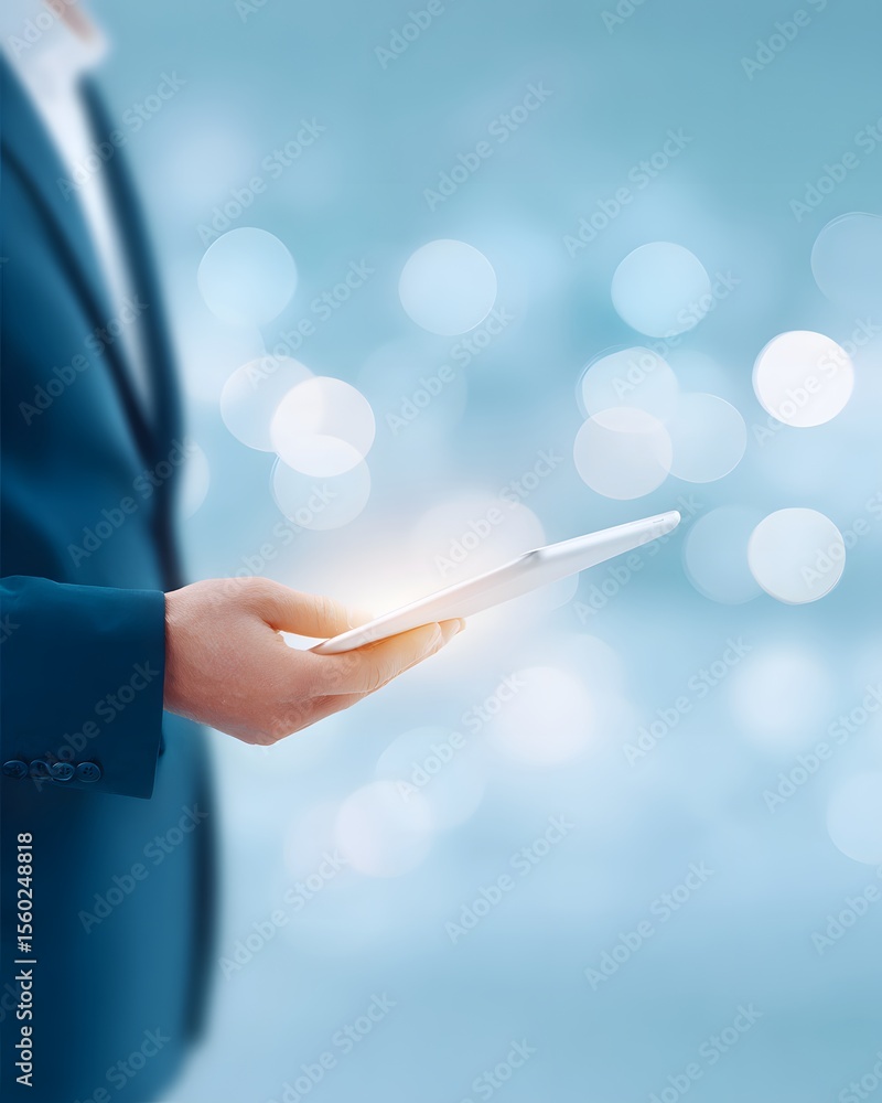 Poster a person in a business suit uses a digital tablet with glowing circular icons floating above, symbol