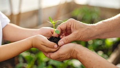 A pair of hands working together, nurturing a seedling, symbolizing the transfer of knowledge and care between generations. The scene embodies growth, education, and the value of shared effort