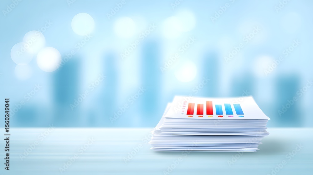 Poster a stack of documents featuring colorful bar charts sits on a light blue surface with a blurred citys