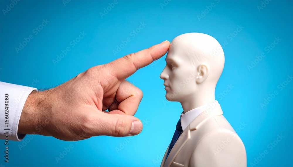 Poster a hand pointing a finger at a mannequin dressed in business attire. the image conveys a sense of con