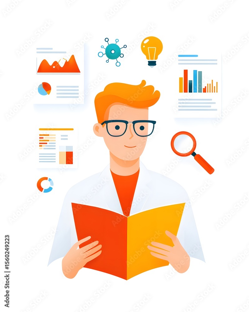 Poster a scientist analyzes data charts and graphs while holding a folder, surrounded by icons symbolizing 