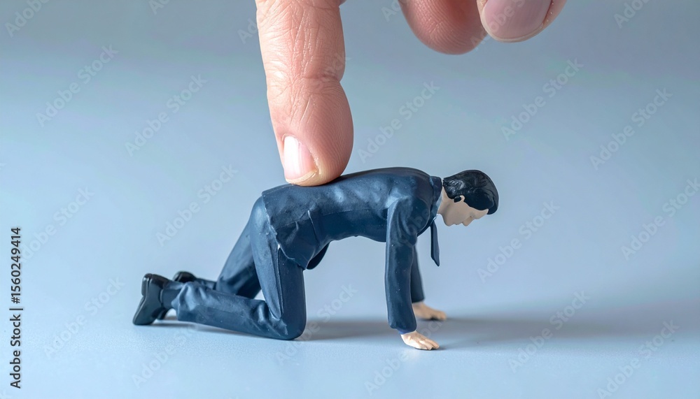 Poster a symbolic image of pressure exerted on a small figure in a suit, capturing the concept of being dom