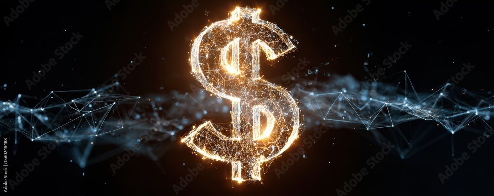Poster sparkling dollar symbol representing wealth and financial success in a glowing digital space surroun