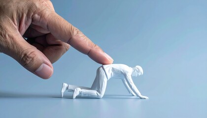 A symbolic representation of dominance and oppression, featuring a miniature figure being suppressed by a giant finger. The scene evokes feelings of power dynamics and control