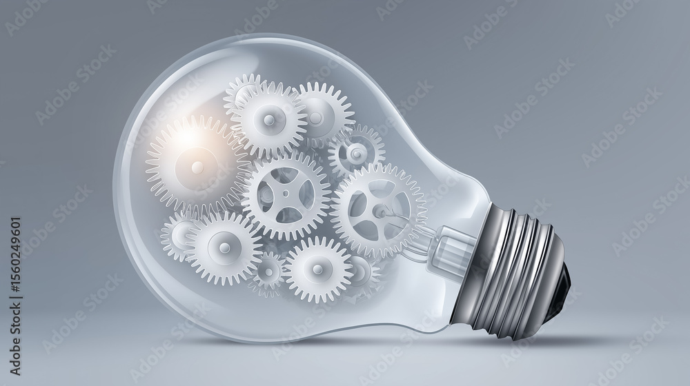 Poster gears rotate within transparent lightbulb showing innovation and idea mechanics. clean setting with 