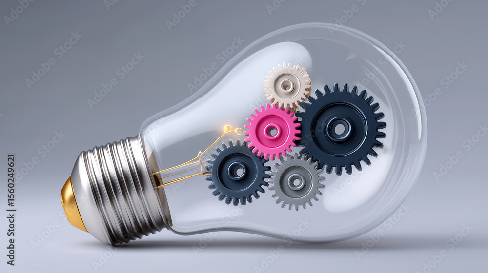 Aufkleber gears rotate within a transparent lightbulb representing innovation and creative ideas. centered lay
