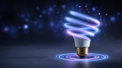 Lightbulb spins into vibrant holographic projection representing transformation from concept to innovation. Dark background enhances dramatic lighting